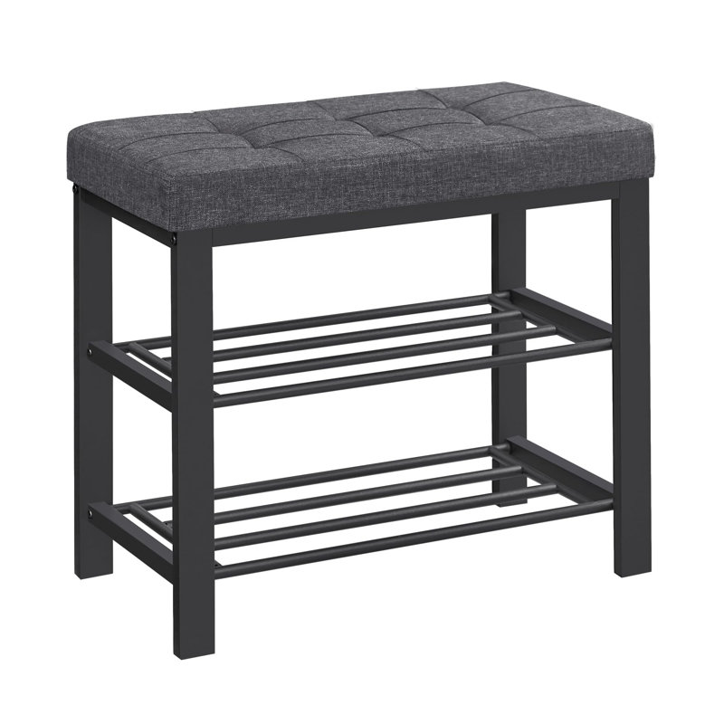 Banc de rangement pour chaussures gris foncé, structure en acier robuste à 2 niveaux, l 23,6 po, rembourrage en mousse pour l'entrée, le salon, la chambre à coucher