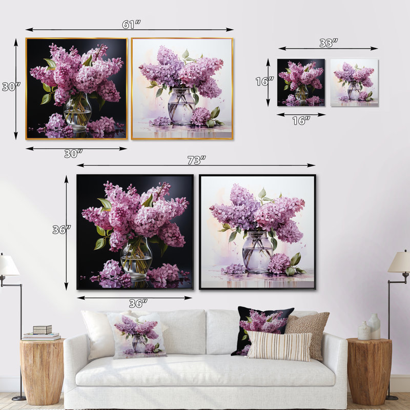 Élégant vase à bouquet de lilas - ensemble de 2 collages carrés lilas, Cadre flottant doré, H 16 po x l 33 po