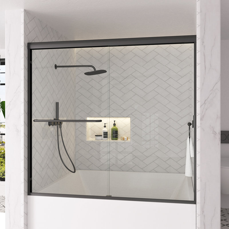  Aurelia 60 In. W X 56 In. H Sliding Bath Tub Door In Semi Frameless With Clear Glass in Matte Black, Black