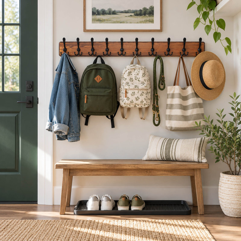 38.6-Inch Rustic Wall-Mounted Coat Rack with 10 Triple Hooks, Solid Pine Wood