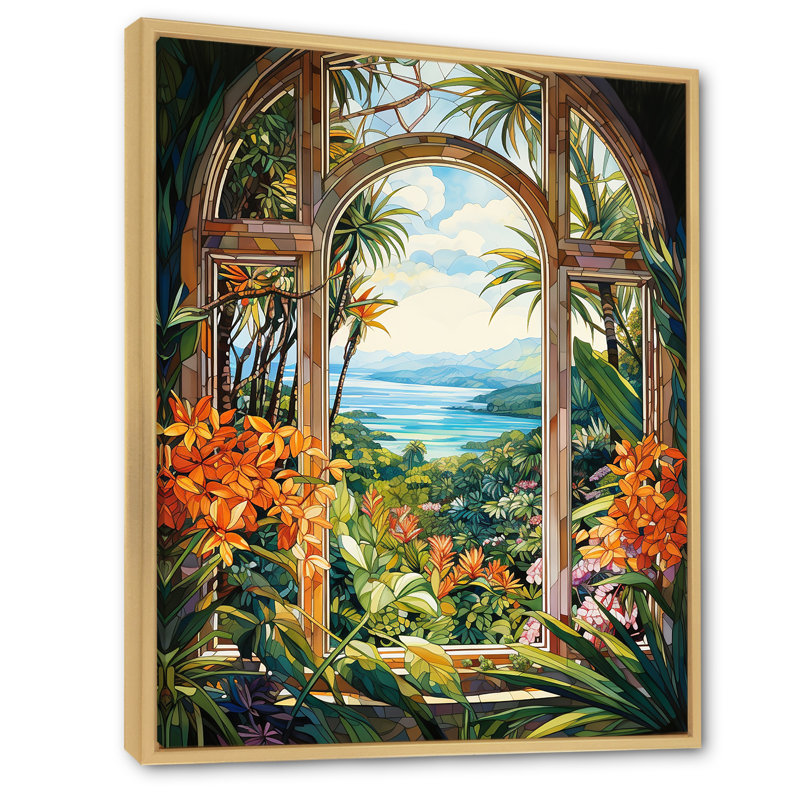 «Tropical Windows View Blooms 2», art mural floral abstrait, H 20 po x l 12 po x P 1 po, Cadre flottant brun