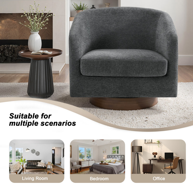Fauteuil demi-tonneau pivotant en chenille gris avec base en bois massif Applewold, Chenille grise