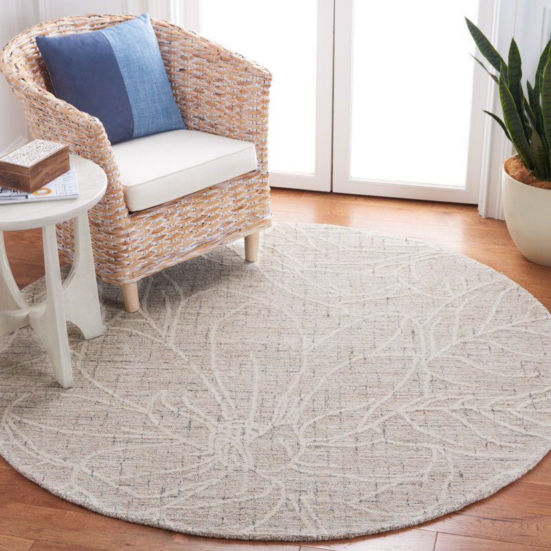 Adysun Hand Tufted Wool/Cotton Floral Rug in Beige/Ivory, Round 6'