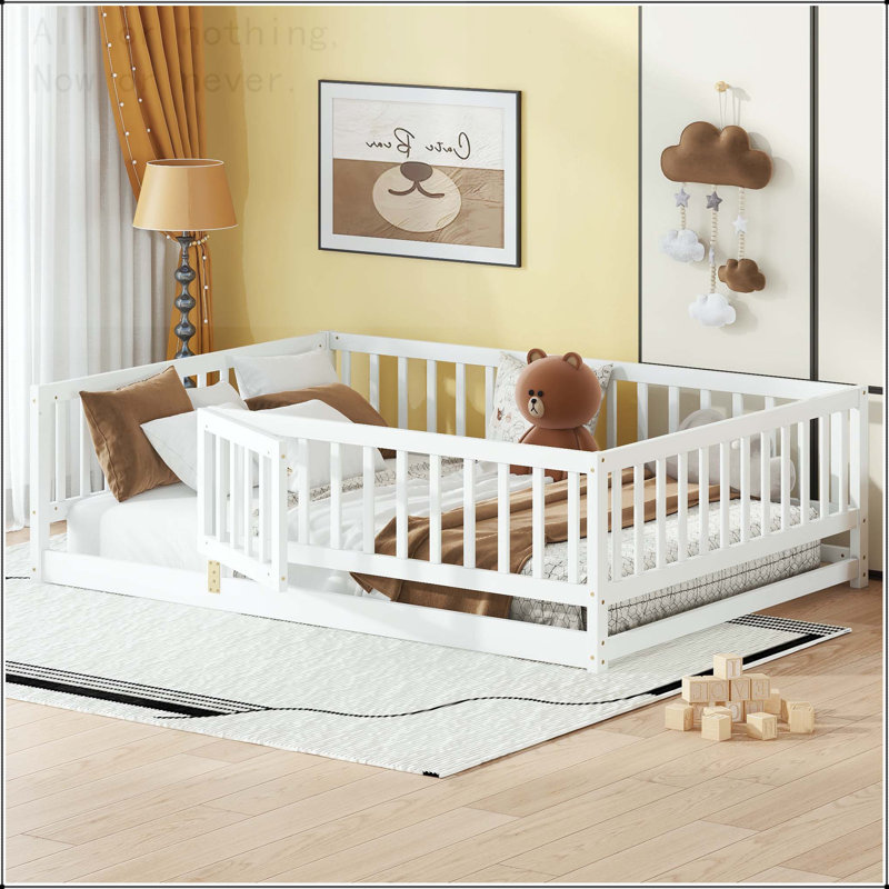 Lit double sur pied Montessori avec clôture, porte et lattes, Lit double, Blanc