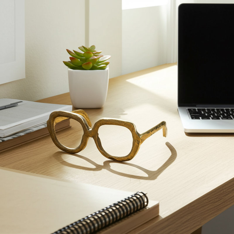 Decorative Object Metal Aluminum Eyewear-shaped Sculpture With Textured Artisan Design - Modern Stylish Accent Decor, Gold