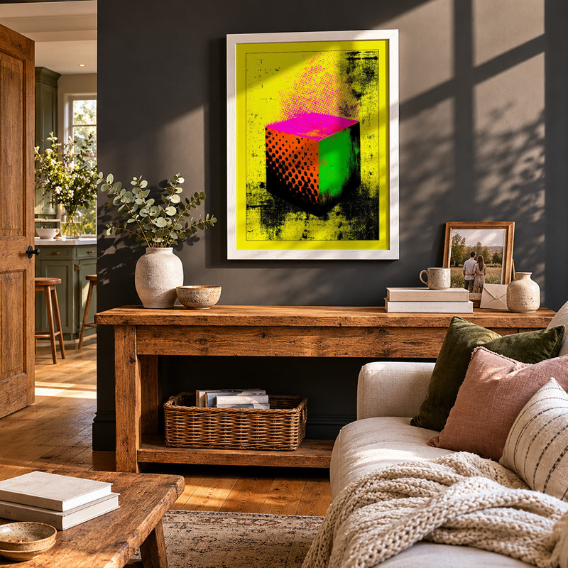 Neon Cube Modern - Single Picture Frame Print, A3 - 42.0 x 29.7 cm, White