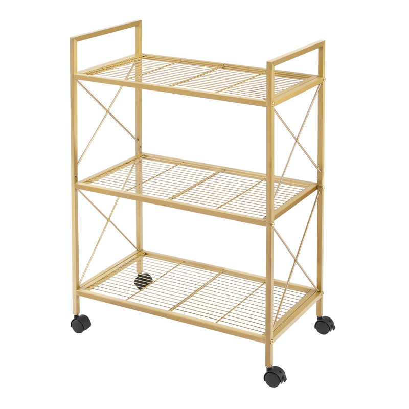 Étagère de rangement en métal à 3 niveaux avec roulettes, étagère en maille avec cadres latéraux en X, Doré