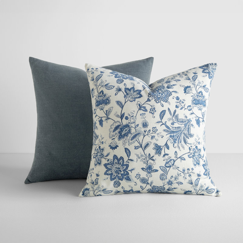 2-Pack Cotton Slub Decor Throw Pillows in Jacobean, Navy/Blue Floral