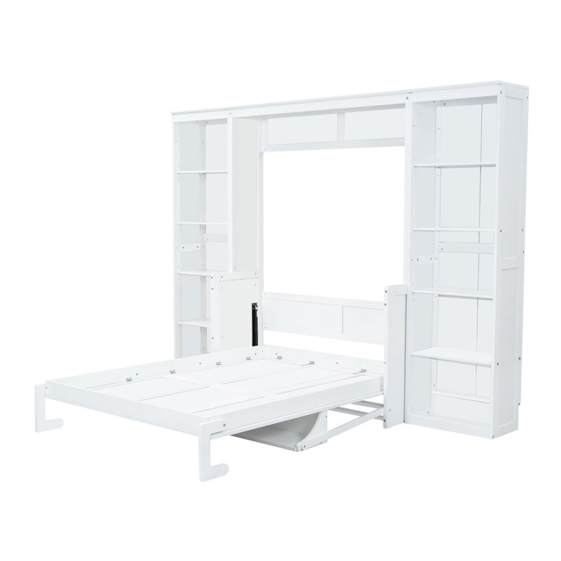 Lit blanc avec bureau et bibliothèque, solution pleine grandeur et peu encombrante, Lit double