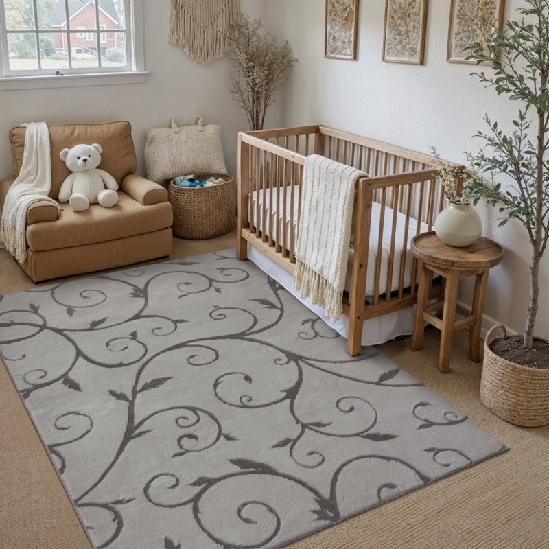 Allover Vine Cotton Velvet Indoor Area Rug With Non-Slip Backing, Rectangle 4' x 6', Gray