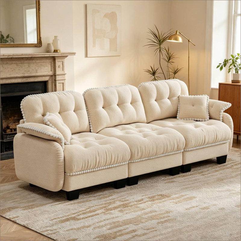 Canapé modulaire en chenille nuage, siège profond capitonné avec garniture pompon et 4 coussins décoratifs, Beige