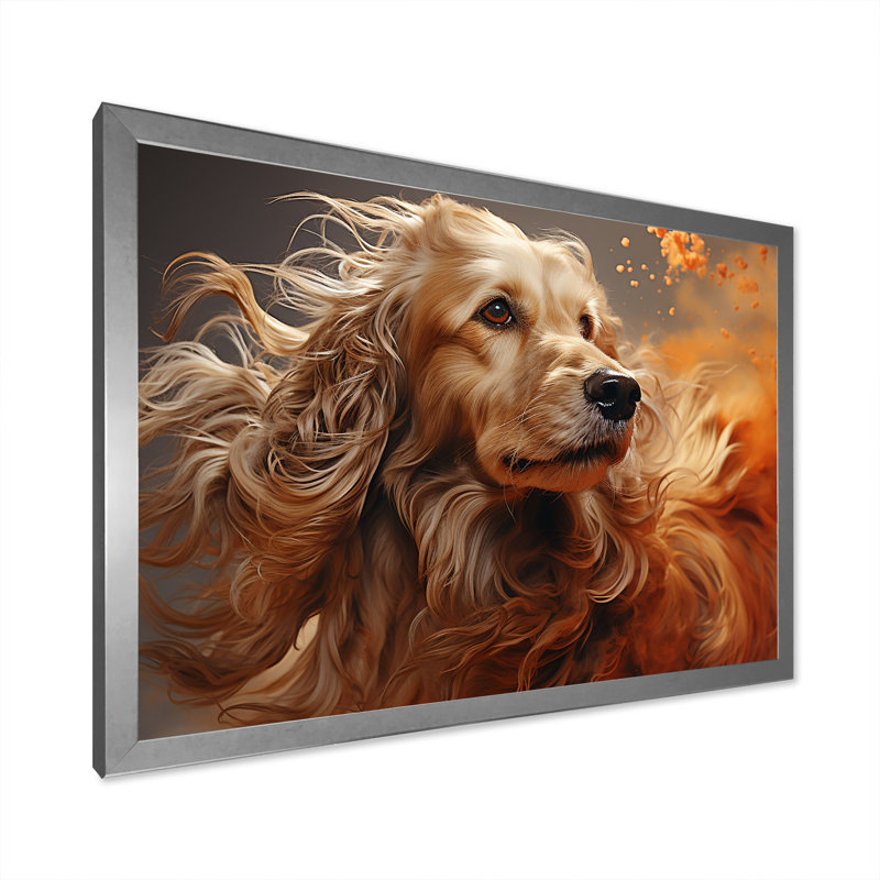 Chien, chien afghan, air sur toile, Cadre photo argenté, H 24 po x l 32 po
