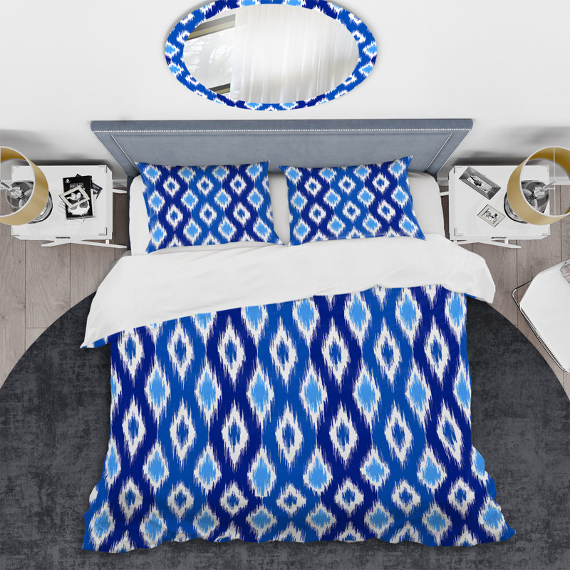 Blue Ikat Ogee - Ensemble de housse de couette abstrait - Microfibre de polyester