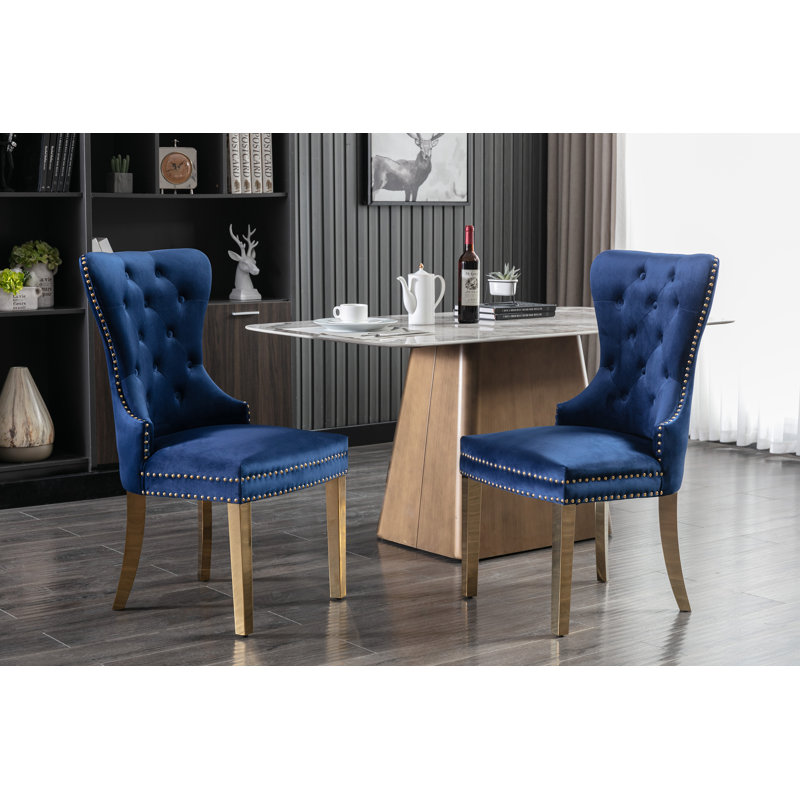 Gislene Tufted Velvet Dining Chair with Rubberwood Legs, Blue Velvet, Gold