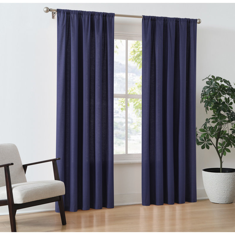 Ebern Designs Solid Cotton Percale Window Curtain Pair, Navy, 50" W x 96" L