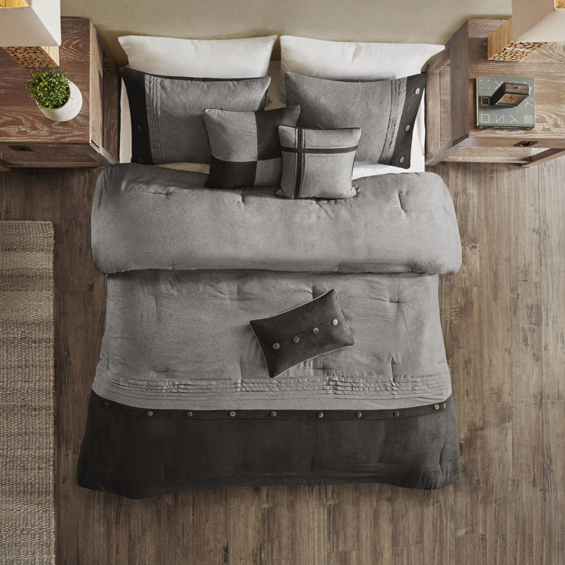 Édredon en fausse daim gris 7 pièces 7 pièces avec coussins décoratifs faciles à laver, Gris