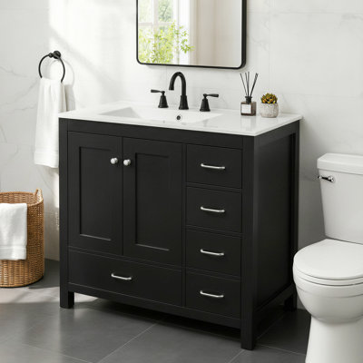 Meuble-lavabo sur pied noir de 91 cm (36 pouces) avec lavabo en céramique, style Shaker moderne, 2 portes à fermeture douce et 5 tiroirs, offrant un grand espace de rangement pour la salle de bain des invités.