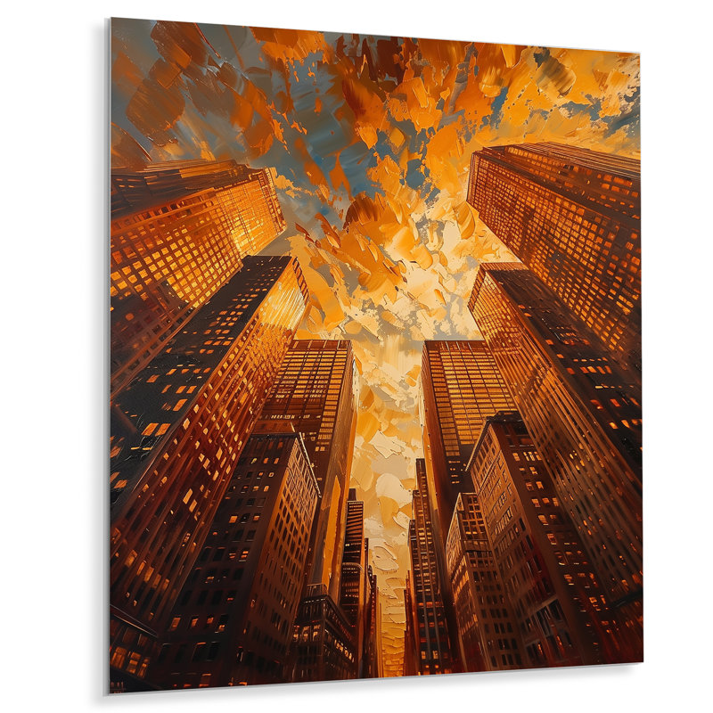 «Golden Perspective», gratte-ciel symphonie I - art mural gratte-ciel, Métal métal, H 34 po x l 44 po x P 1,5 po