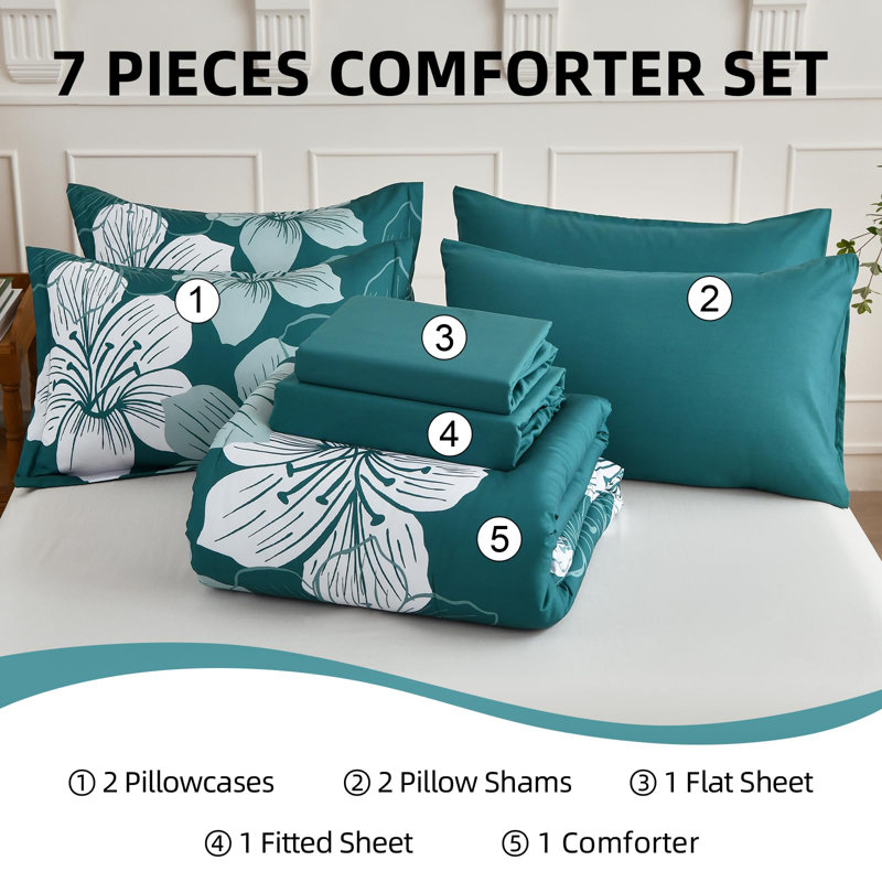 Ensemble d'édredon floral 7 pièces avec draps en microfibre toutes saisons, Sarcelle
