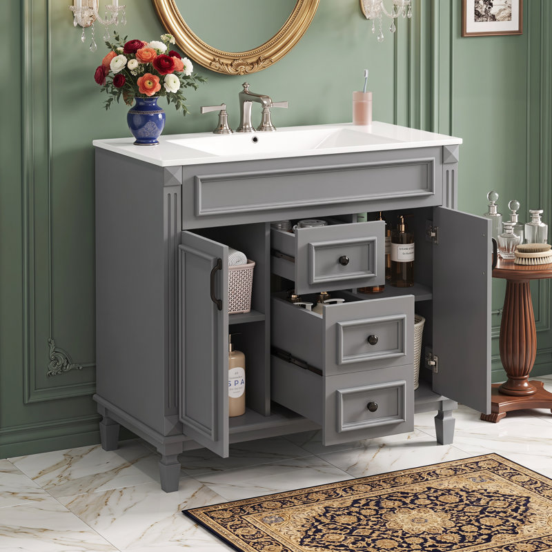 36 Inch Modern Single Sink Bathroom Vanity Set with Countertop Sink & 2 Soft Close Storage Doors, Grey