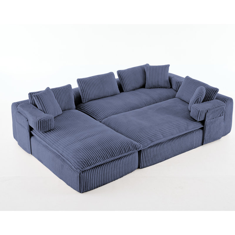 Canapé modulaire surdimensionné en U de 149 pouces de 149 pouces, conception convertible 7 en 1, canapé à 6 places à assise profonde avec accoudoirs roulés mobiles, revêtement en velours côtelé de polyester, poche de rangement latérale, aucun assemblage requis, bleu