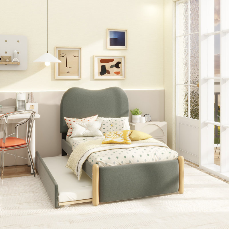 Lit plateforme tapissier avec pieds de support en bois et lit gigogne simple, Simple, Gris