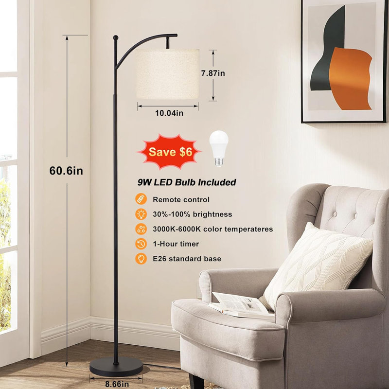 60" Adjustable Floor Lamp With Remote Control, Customizable Brightness & Color Temperature, Rotating Lampshade, Magnetic Remote & Timer Function