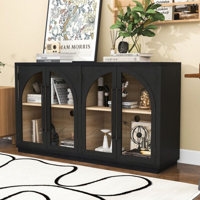 60-Inch Arched Buffet Sideboard Cabinet with Glass Panels, Adjustable Shelves and Cable Management