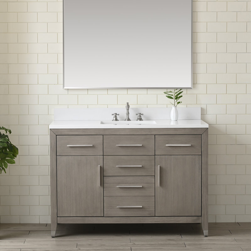 Ensemble de meuble-lavabo simple autoportant 48 po avec plateau en pierre d'ingénierie Maddison, Chêne brossé héritage