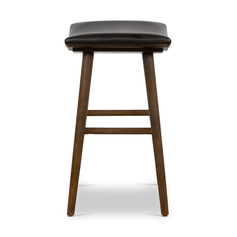 Union Wallis Belfast Solid Wood Stool, Bar Stool (30" Seat Height), Faux Leather - Distressed Black/Warm Parawood
