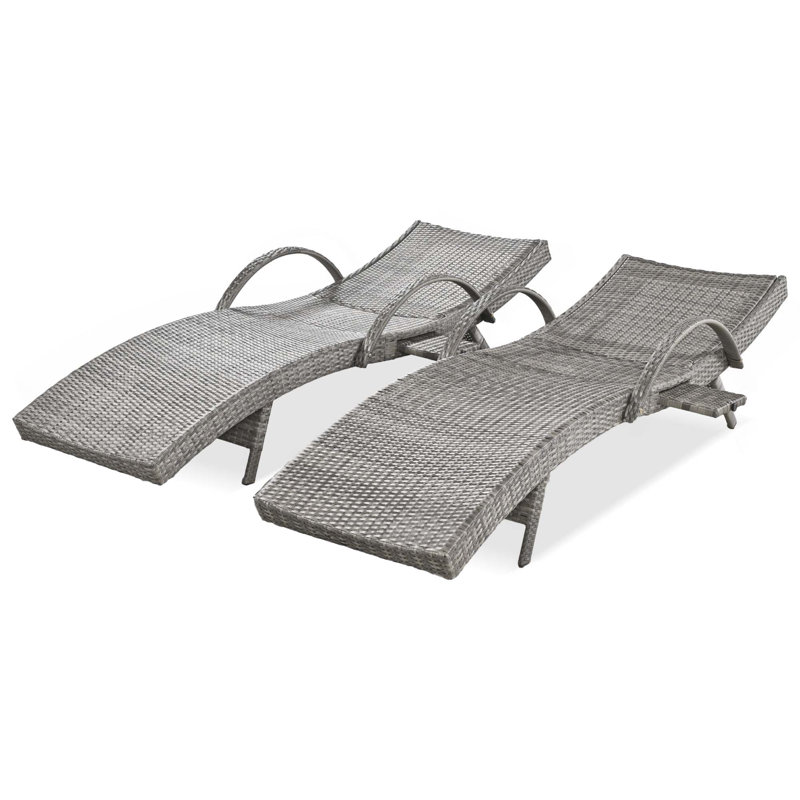 80'' Outdoor Wicker Chaise Lounge Chairs Set Of 2, Patio Rattan Reclining Chair Pull-Out Side Table Adjustable Backrest Ergonomic Wave Design Pool Sunbathing Recliners