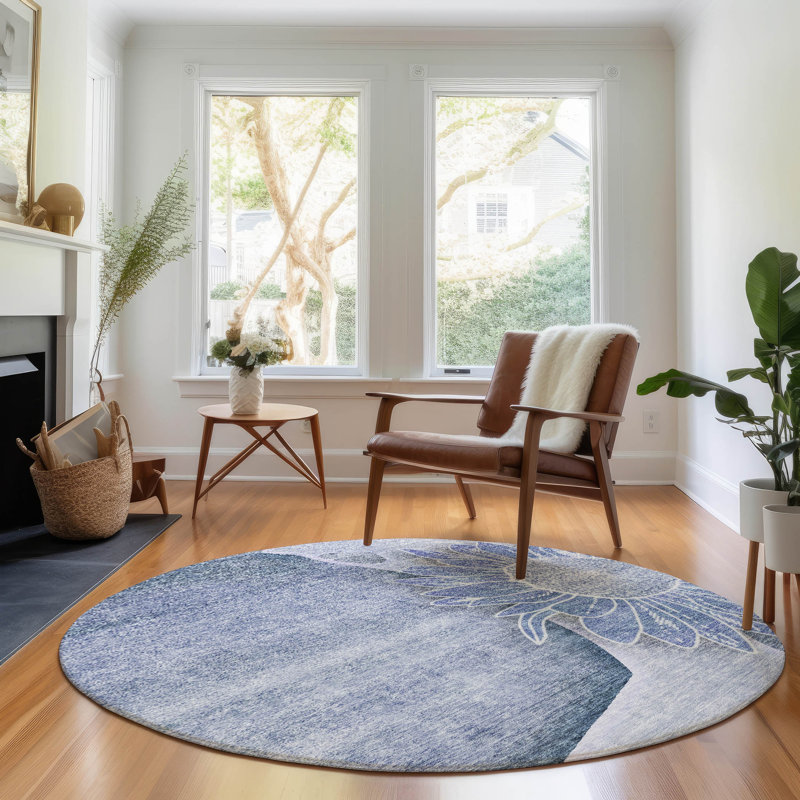 Premium Machine Washable Prisco Blue Rug, Round 8'