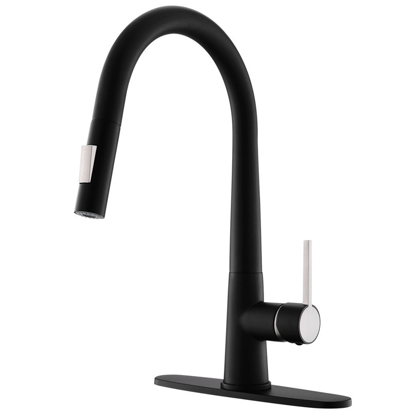 Robinet de cuisine escamotable, noir, poignée simple, plaque de pont, look contemporain, rempli de céramique, robinet de robinet en laiton, plaque incluse, contemporain, remplisseur,