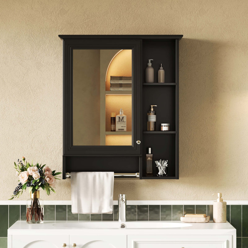 24 Inch 3-In-1 Wall Mount Bathroom Mirror Cabinet, Adjustable Shelf & Towel Bar Integrated Vanity Cabinet, Black