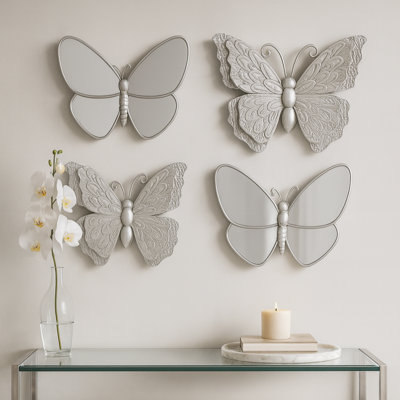 4 Piece Silver Butterfly Wall Decor Set, Wall Sculpture & Mirrored Accents, Modern Glam Home Decor For Bedroom, Living Room, Nursery