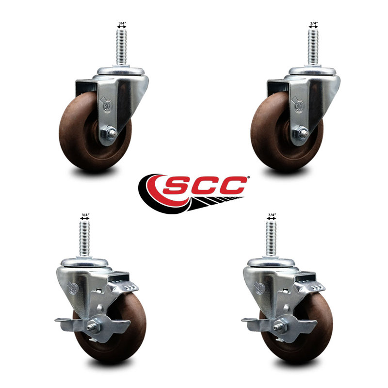 3.5 Inch_High Temp Glass Filled Nylon 3/4 Inch_Threaded Stem Caster Set 2 Brakes