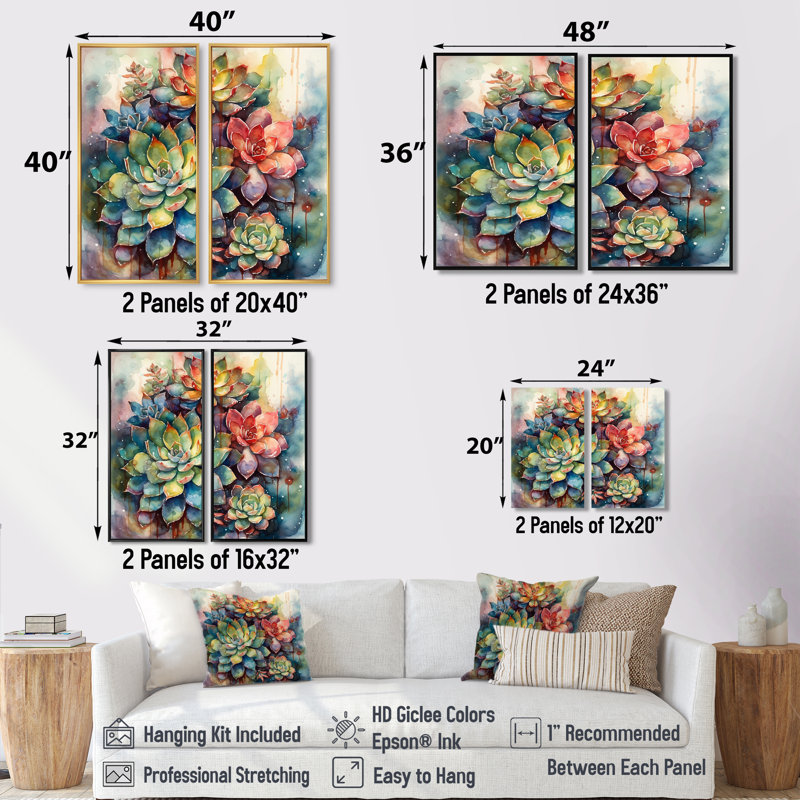 «Green Red Cactus Scenery IV», art mural sur toile vert traditionnel, H 20 po x l 24 po, Doré
