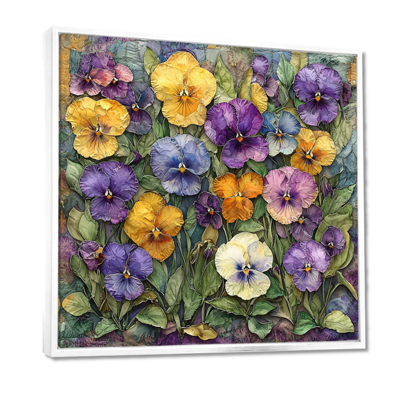 «Wild Pansy Patch At The Farm II - Pansies», art mural pour le salon, H 30 po x l 30 po, Impression encadrée flottante, Blanc