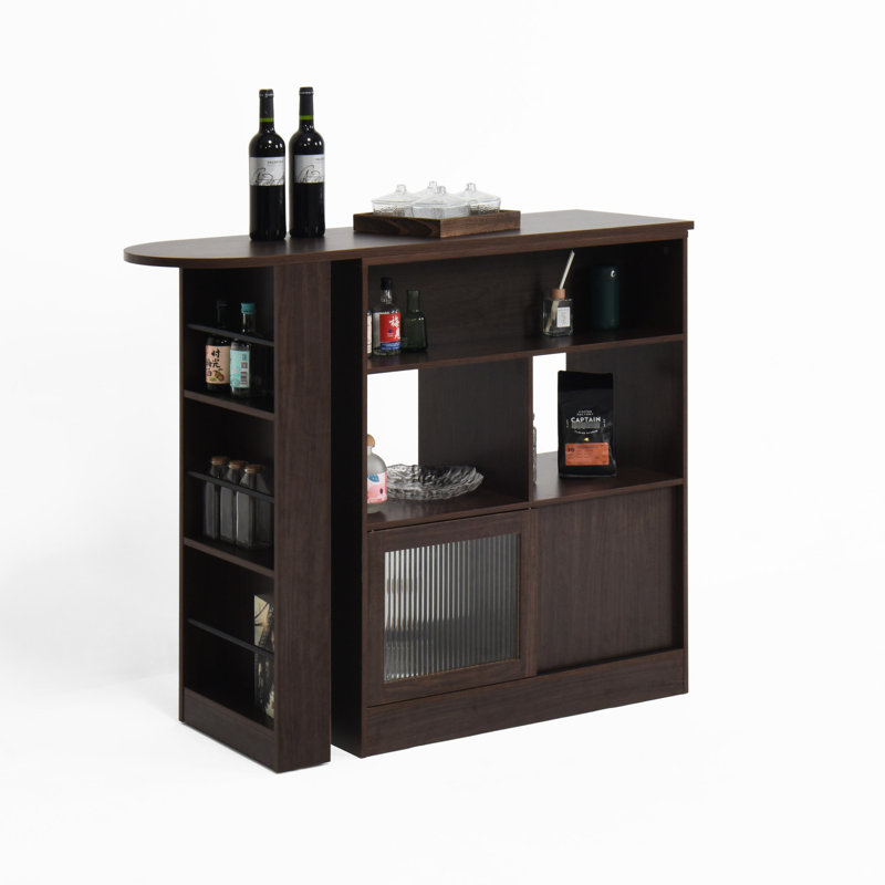 Armoire de salle à manger à hauteur de comptoir avec 6 espaces de rangement et 2 portes vitrées, tablette pivotante en noyer pour le salon