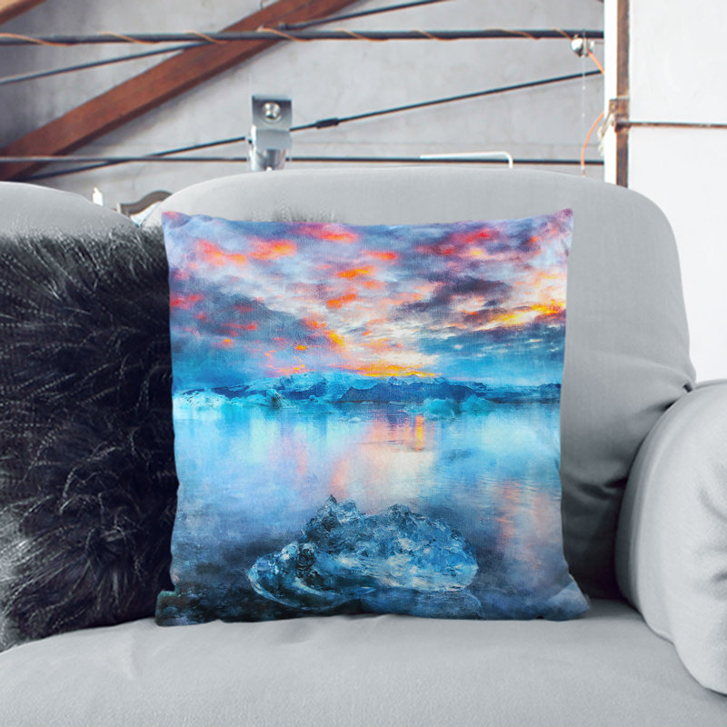 Iceland View Painting Cushion with Filling, 55cm H x 55cm W x 20cm D, White