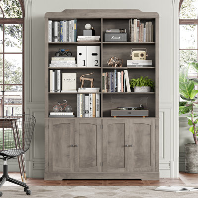 Arie 73.1"H Standard Bookcase With Adjustable Shelves, Wood Storage Freestanding Bookshelves With 8 Open Shelves and 4 Doors, Wash Grey