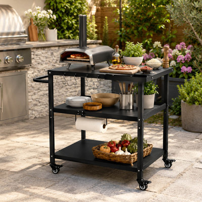 Iron Outdoor Grill Cart, Pizza Oven Stand with Lockable Wheels and Storage Accessories