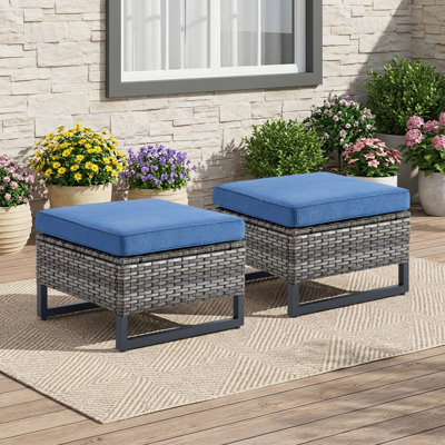 Wicker Outdoor Ottomans for Patio Set of 2 Rattan Footstools w/Removable Cushions (Set of 2)