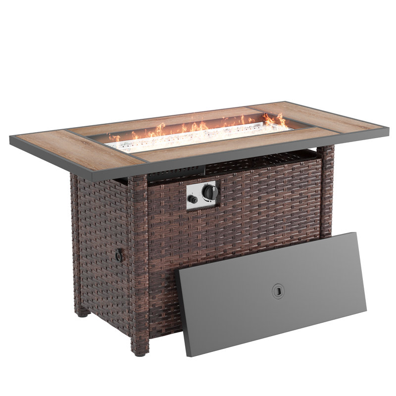 45'' Propane Gas Fire Pit Table with PE Rattan, Hidden Fuel Tank Storage & Lid for Patio CSA-Listed Outdoor Fire Pit Table with Fire Glass Beads