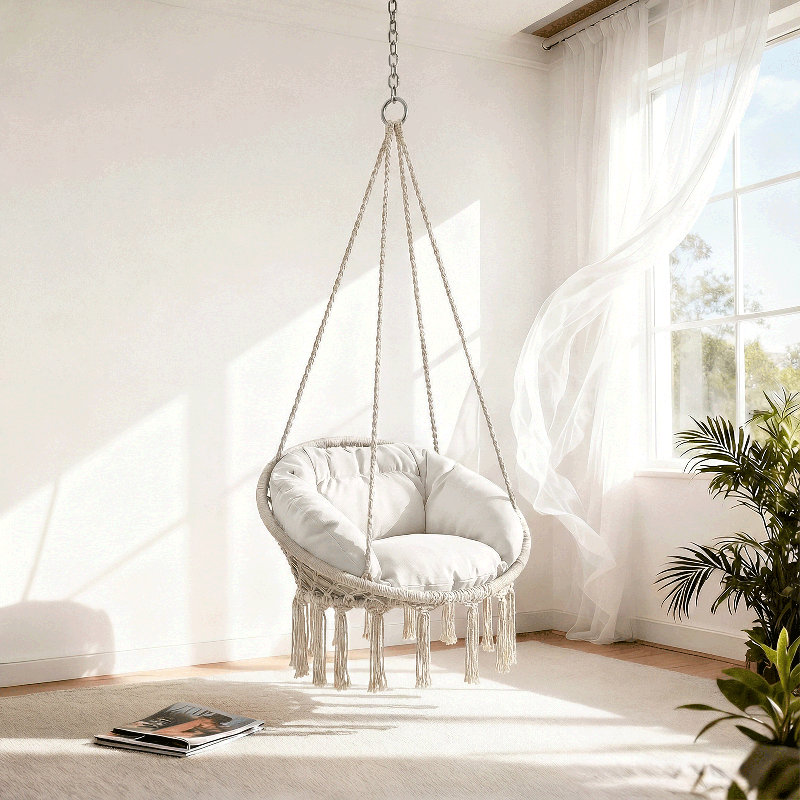 Chaise de hamac suspendue Macrame, balançoire en corde de coton pour 1 personne avec coussin et quincaillerie pour l'intérieur et l'extérieur