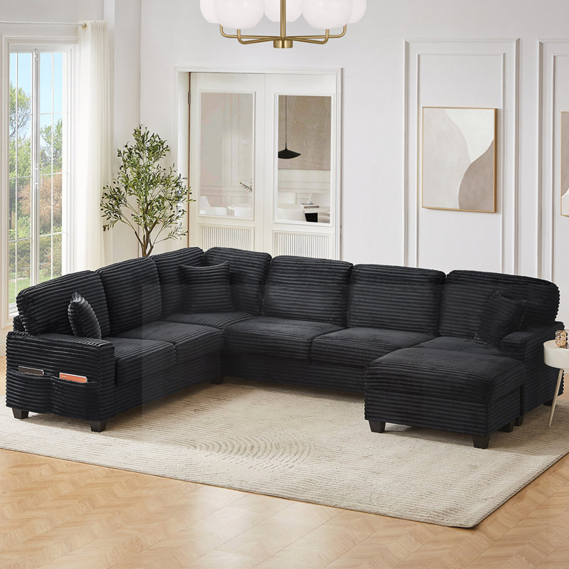 Canapé modulaire en U avec repose-pieds mobile et poches de rangement latérales, parfait pour le confort et l'organisation dans le salon