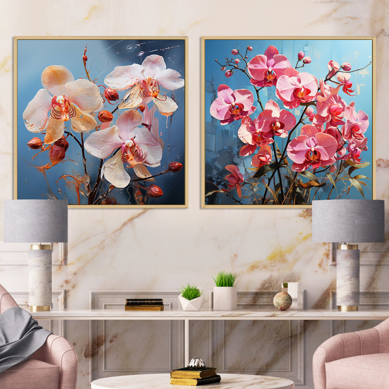 Orchidées bleues abstraites Euphoria IV - ensemble de 2 orchidées carrées, Cadre flottant brun, H 30 po x l 61 po
