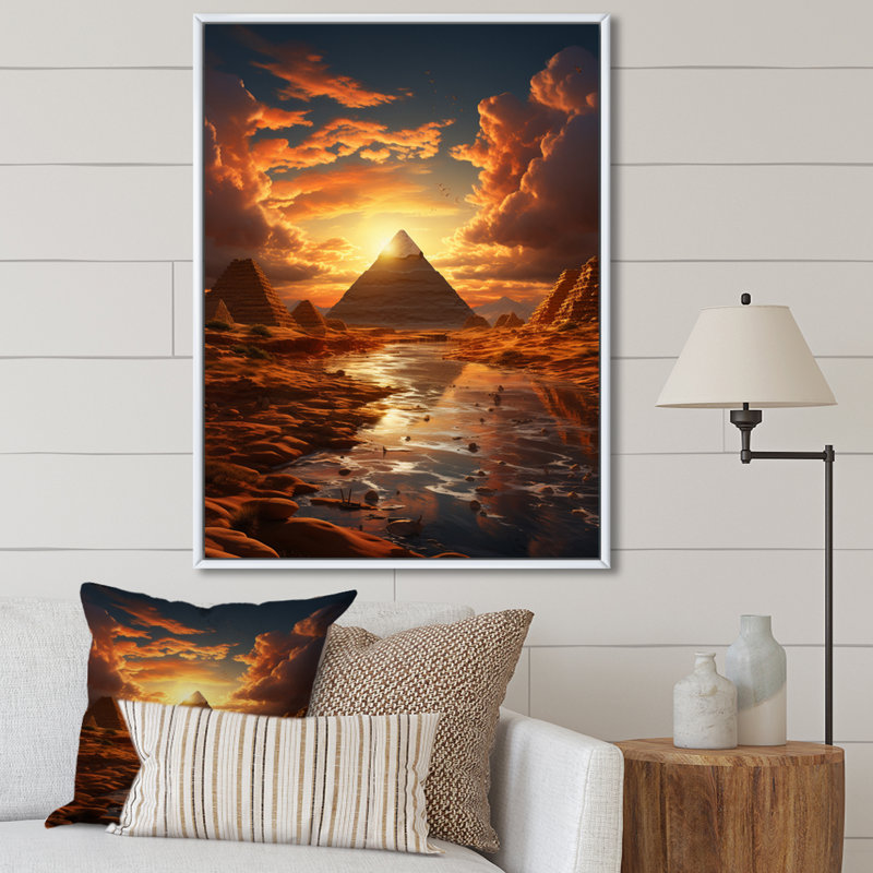 Egypt Golden Pyramids I - Egypt Wall Decor, 20" H x 12" W x 1" D, White Floater Framed