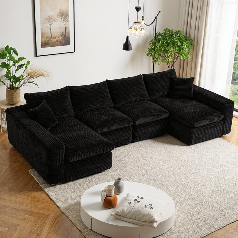 Canapé modulaire en U avec mousse à mémoire de forme et velours côtelé Aino, Noir