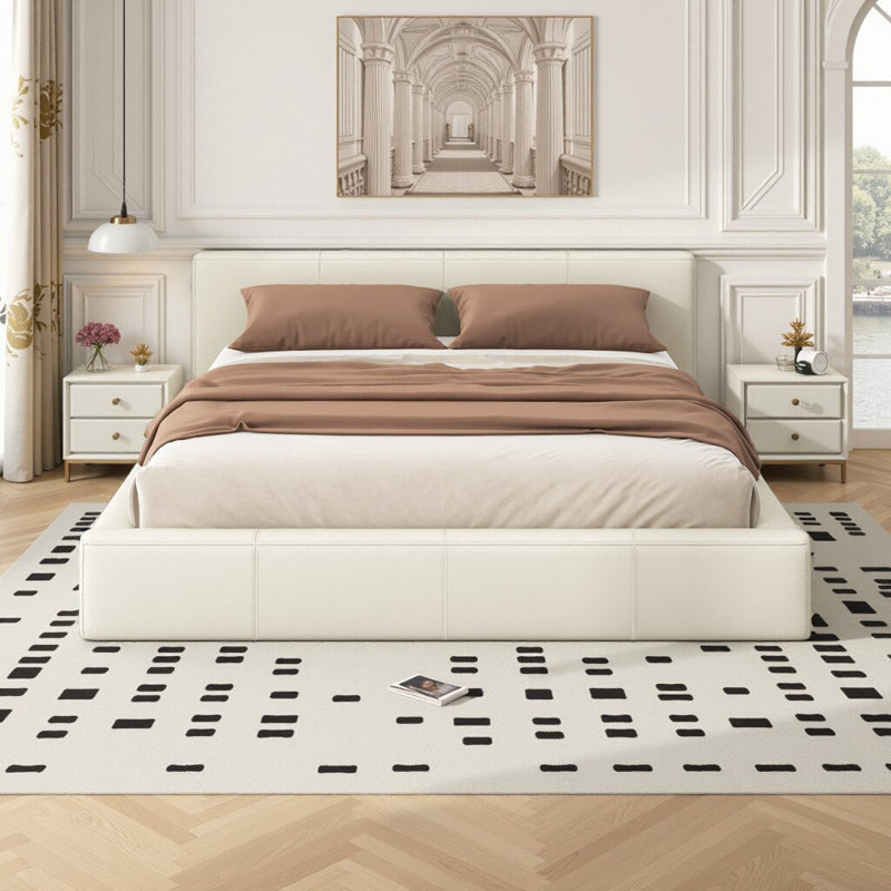Lit plateforme tapissier beige moderne avec revêtement en similicuir et structure en bois d'ingénierie - tailles double, grand, très grand - aucun sommier requis pour le support du matelas